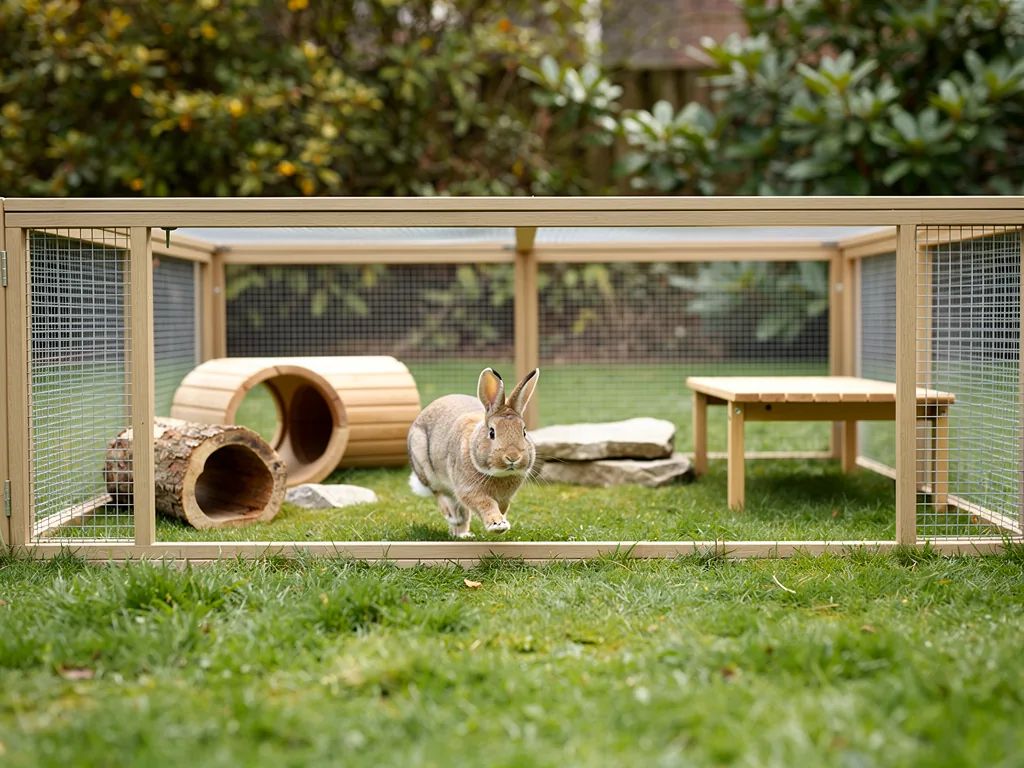 Gehegeplanung für Kaninchen: Platzbedarf und Gestaltung Kaninchengehege mit ausreichend Platz und naturnaher Gestaltung für artgerechte Haltung