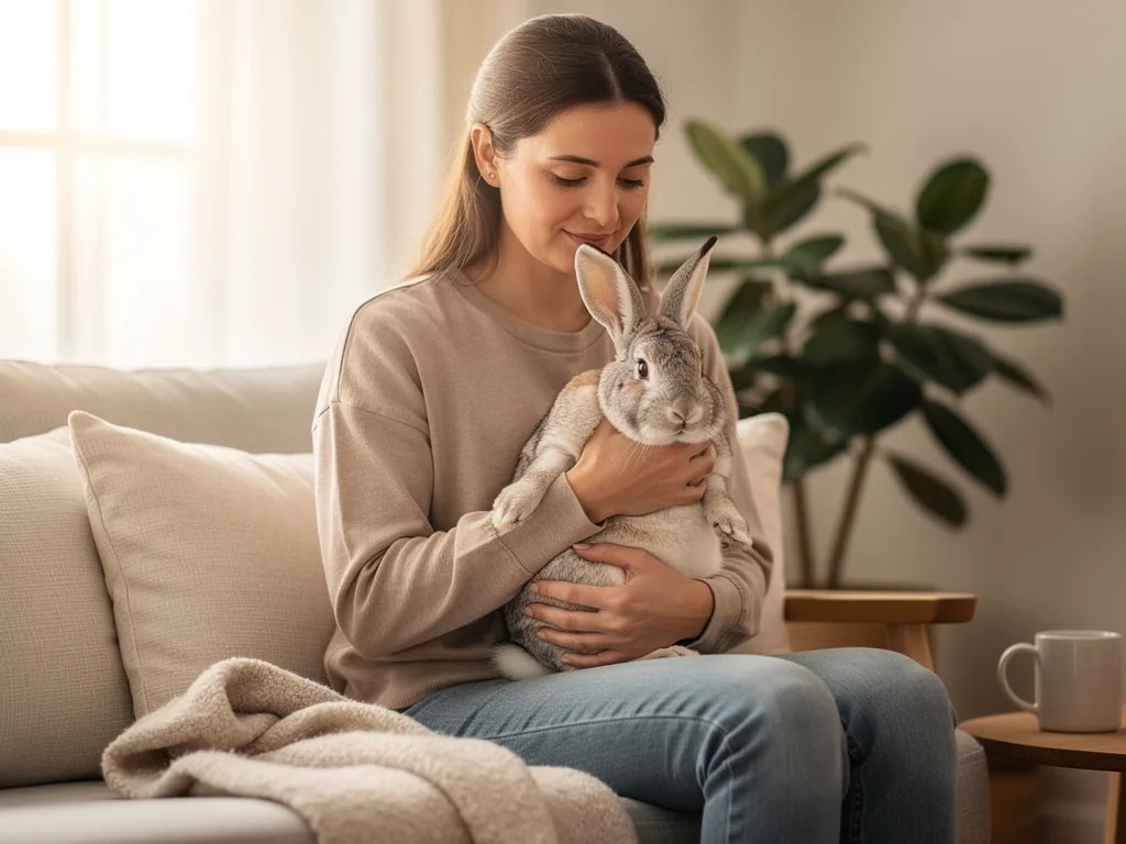 Kaninchen und Besitzer: Eine besondere Beziehung verstehen Besitzer liest Körpersprache eines entspannten Kaninchens zu Hause im Wohnzimmer