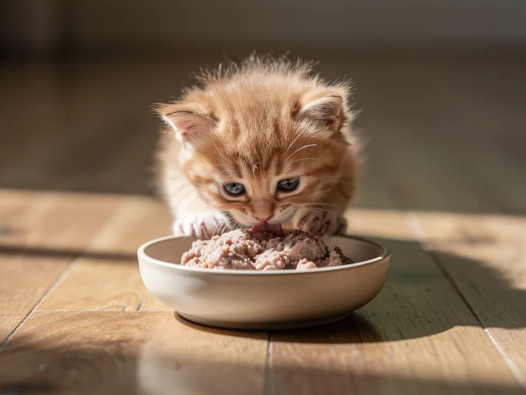 Kitten Ernährung: Der beste Start ins Katzenleben Kleines Kitten lernt feste Nahrung bei 6 Wochen mit ausgewogener Ernährung