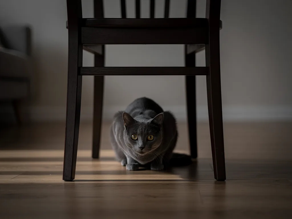 Ängstliches Verhalten bei Katzen Ängstliche Katze versteckt sich unter Möbeln bei plötzlicher Stressreaktion