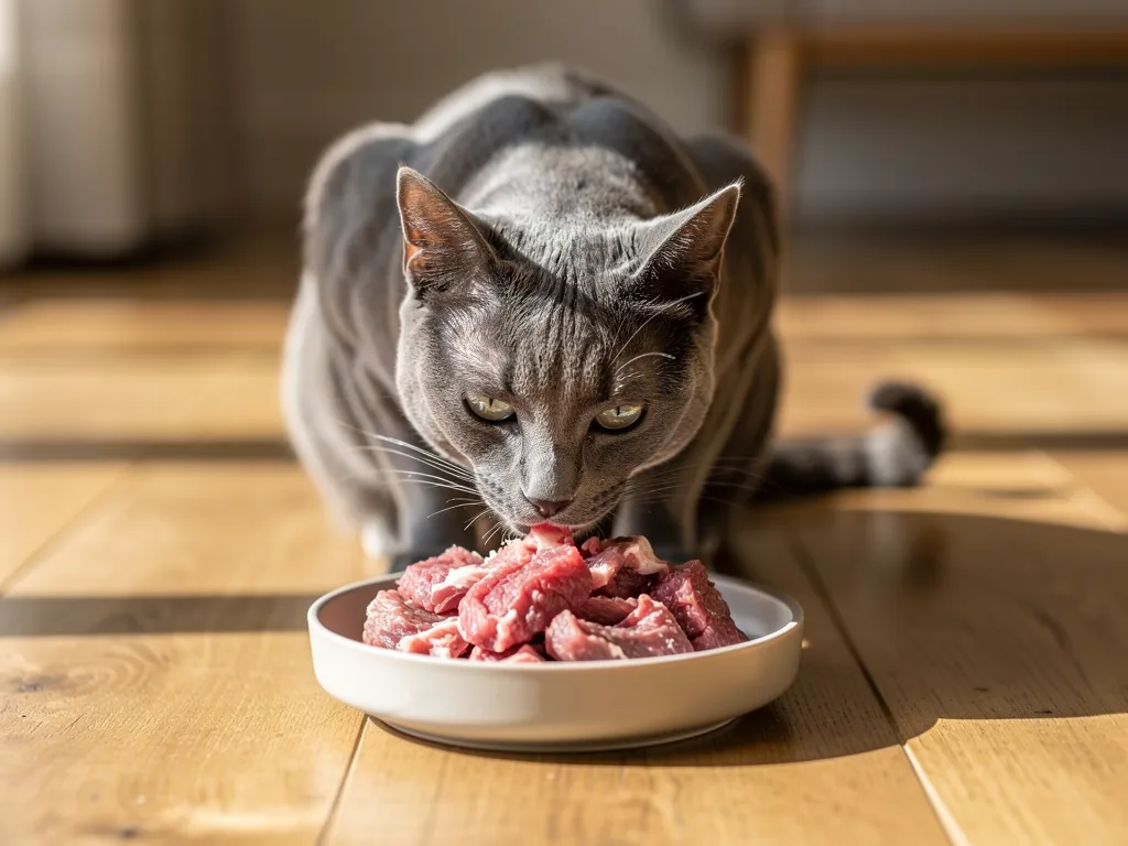 Die Ernährung einer Katze: Was sie benötigt Nahaufnahme einer ausgewogenen Ernährung mit Fleisch und Taurin für Katzengesundheit