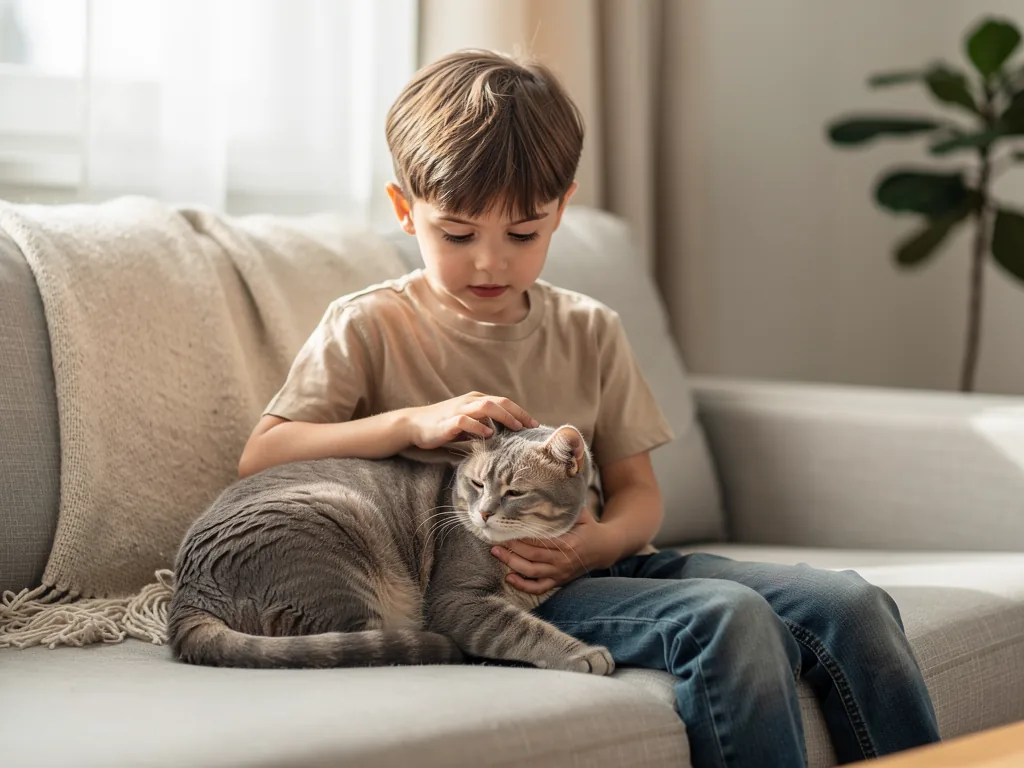 Erziehung für Kinder: Umgang mit Katzen Kind erklärt spielerisch respektvollen Umgang mit Katze im Familienalltag