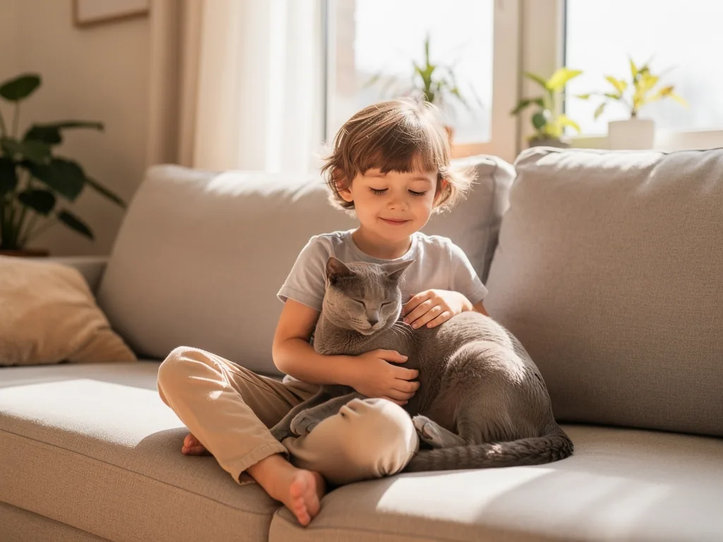 Katze und Kind: Positive Effekte auf die Gesundheit Kind streichelt entspannt seine gesunde Katze im sonnendurchfluteten Wohnzimmer