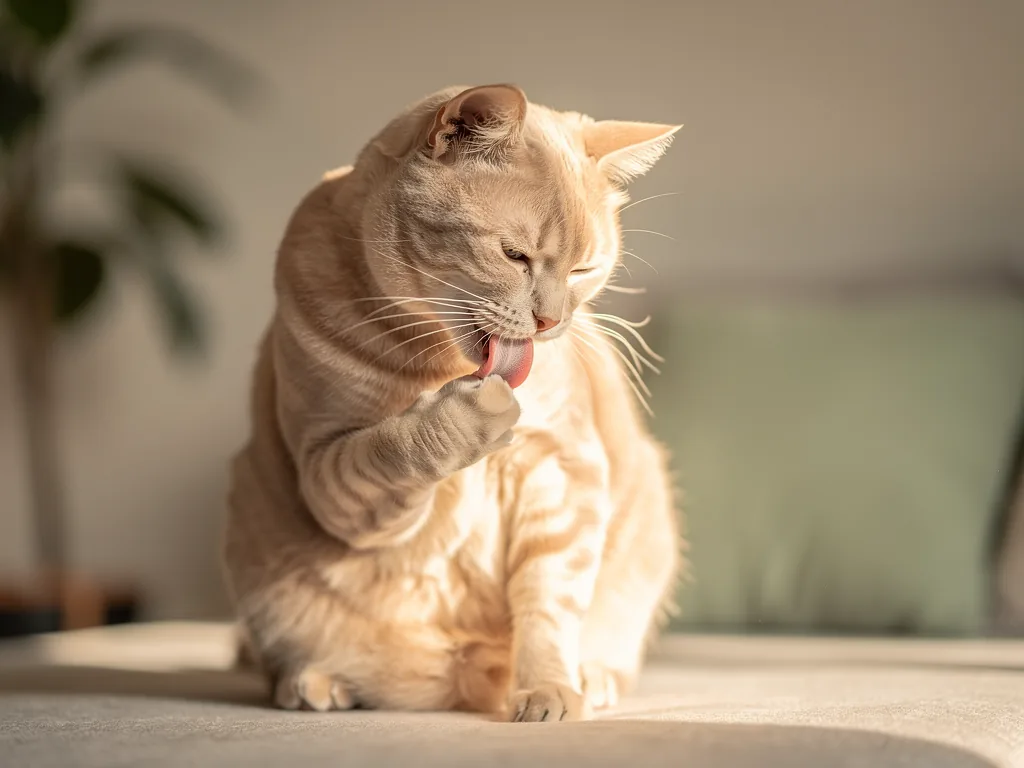 Körperpflege bei Katzen: Instinkte und Bedeutung Katze putzt sich intensiv zur Fellreinigung und Stressreduktion im Alltag