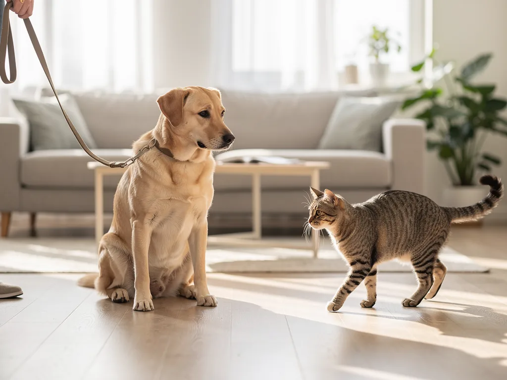 Katze mit Hund zusammenführen Katze und Hund begegnen sich vorsichtig in neutralem Raum für harmonisches Zusammenleben