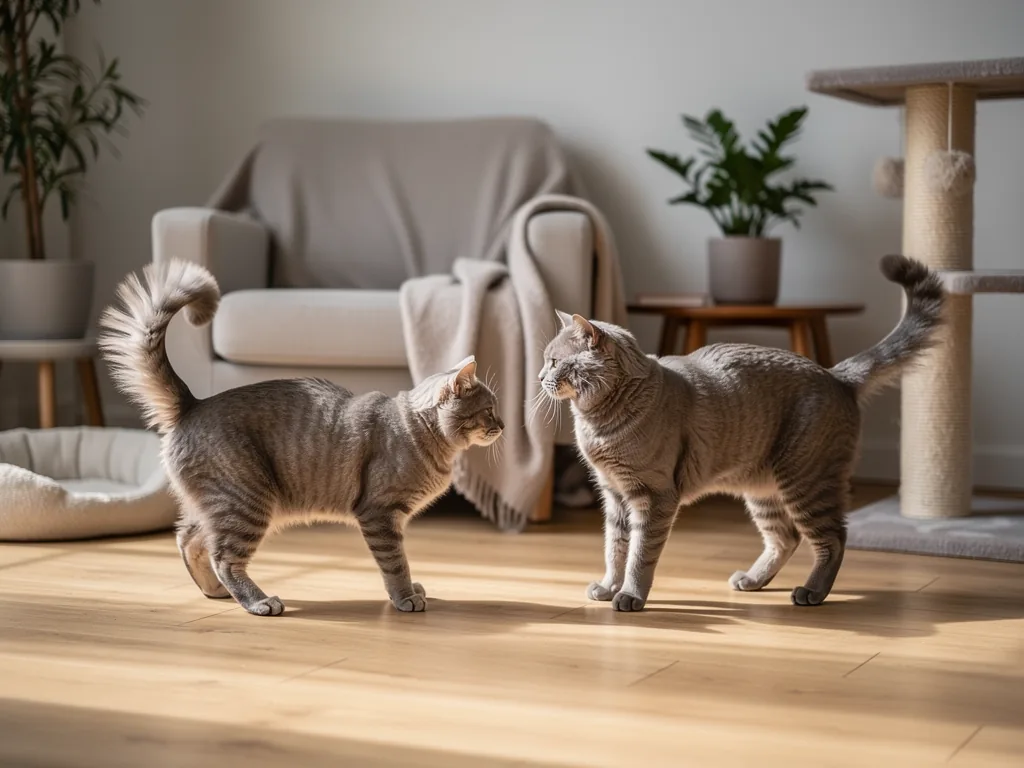 Rauferitis bei Katzen: Analyse und Umgang im Mehrkatzenhaushalt Zwei Katzen im Streit zeigen typische aggressive Verhaltensweise bei Rauferitis