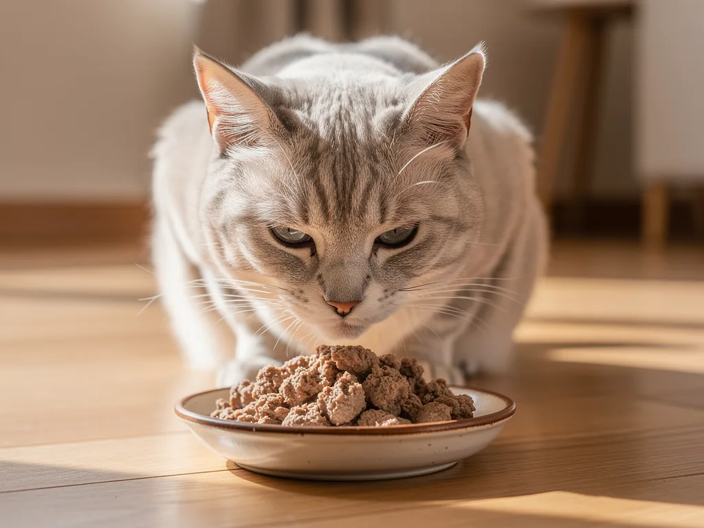 Ernährung für alte Katzen: Angepasste Kost im Seniorenalter Senior Katze frisst ausgewogenes Futter angepasst an die Ernährung im Alter