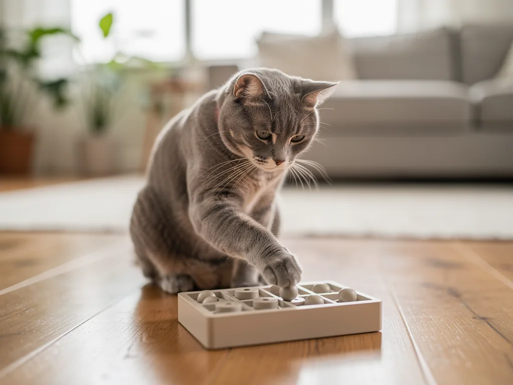 Spiel und Beschäftigung: Geistige Anregung für deine Katze Katze spielt mit interaktivem Spielzeug für geistige Beschäftigung Zuhause