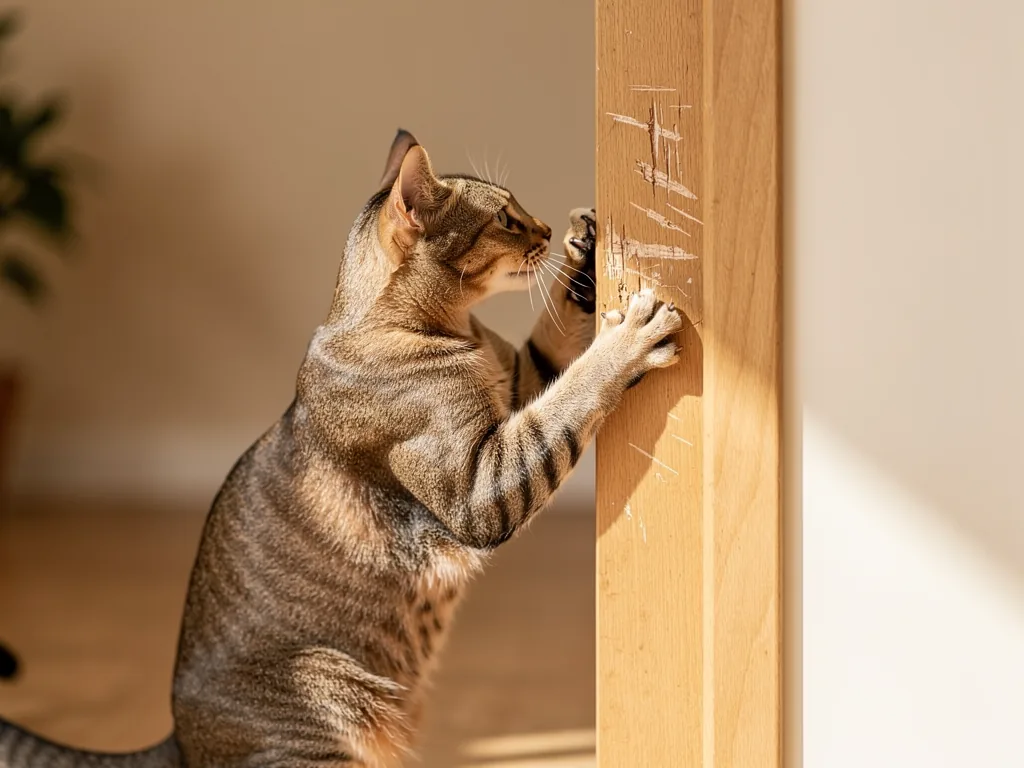 Territorialverhalten von Katzen: Reviere verstehen Katze kratzt an Tür zur Revierabgrenzung im heimischen Wohnzimmer