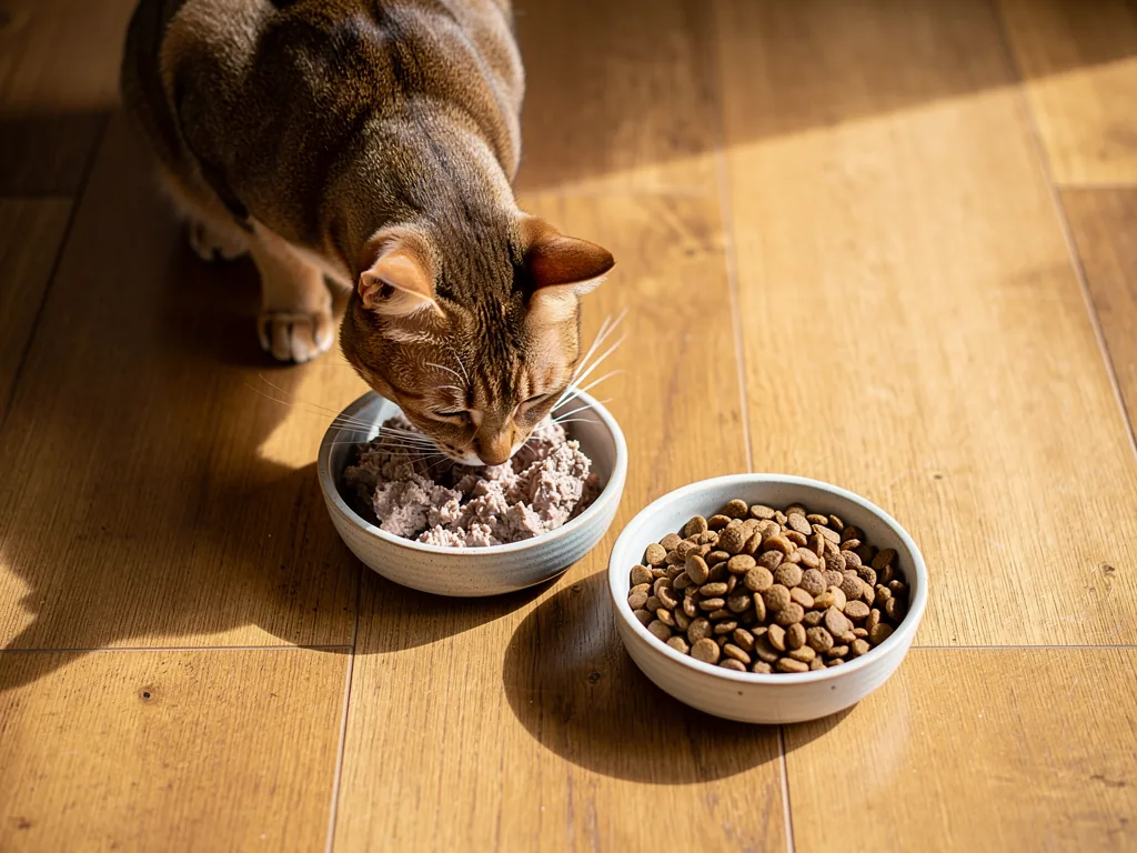 Katze: Vergleich von Trockenfutter und Nassfutter Katze frisst Nass- und Trockenfutter zur idealen Ernährung und Flüssigkeitsversorgung