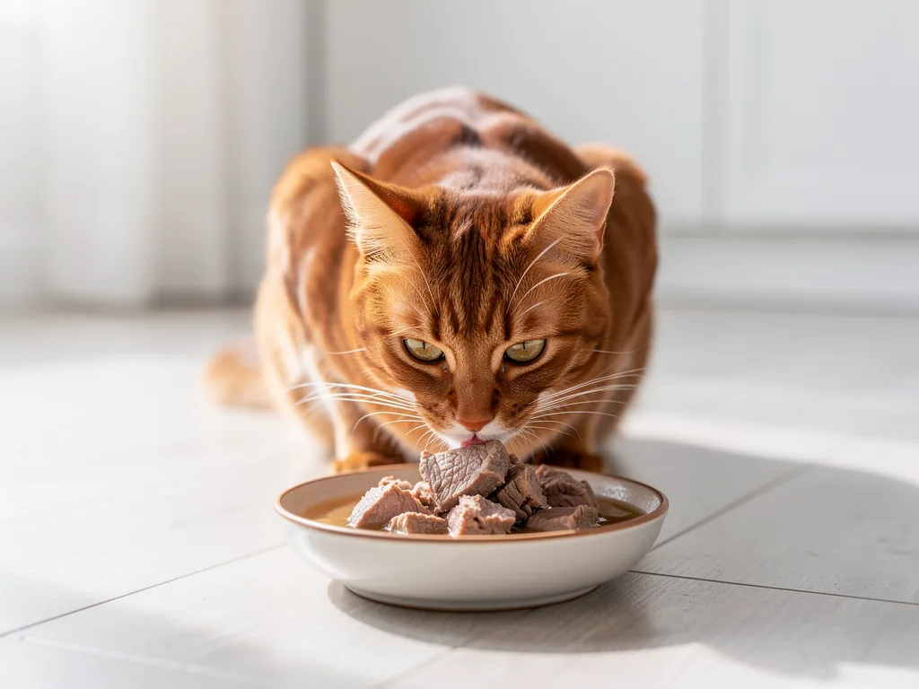 Katzen Ernährung erklärt wie Sie Ihre Katze gesund und ausgewogen füttern Nahaufnahme einer schmackhaften ausgewogenen Katzennahrung mit frischem Fleisch und Gemüse