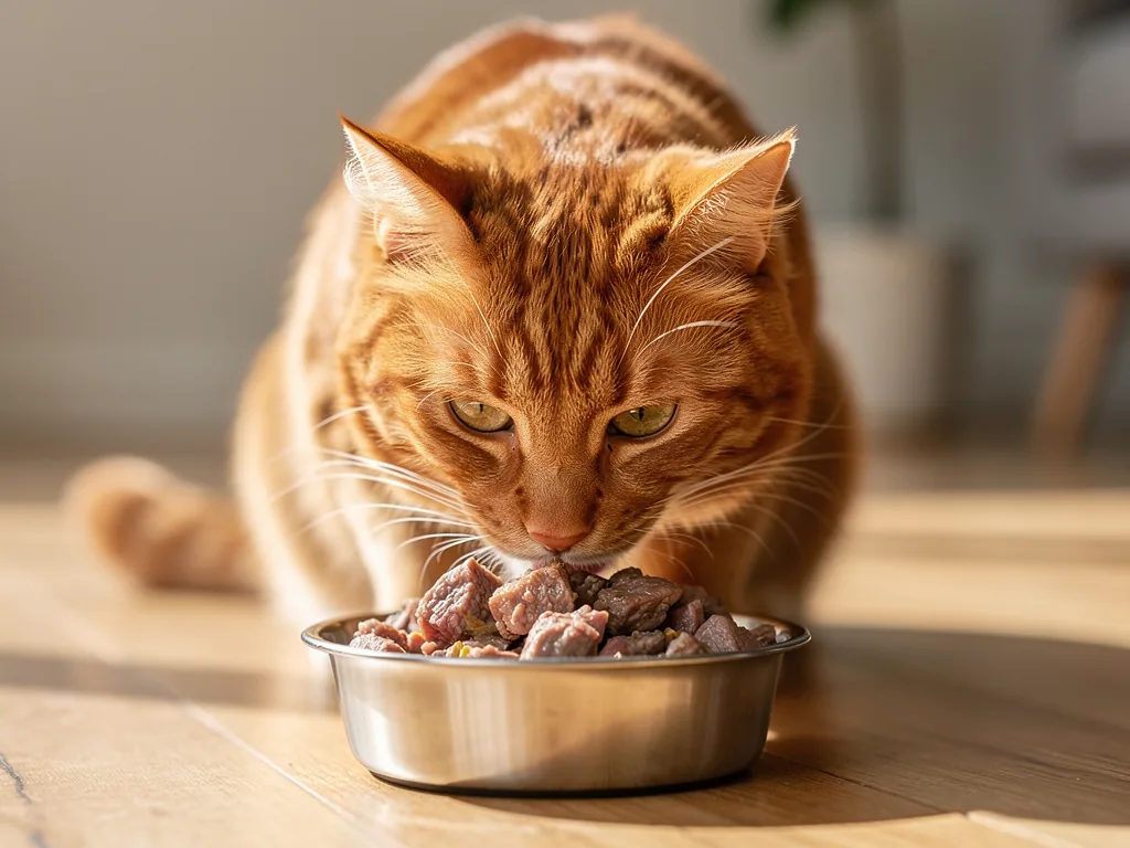 Wie eine ausgewogene Katzen Ernährung das Wohlbefinden verbessert Gesunde Katze frisst ausgewogenes Futter für bessere Vitalität und Wohlbefinden