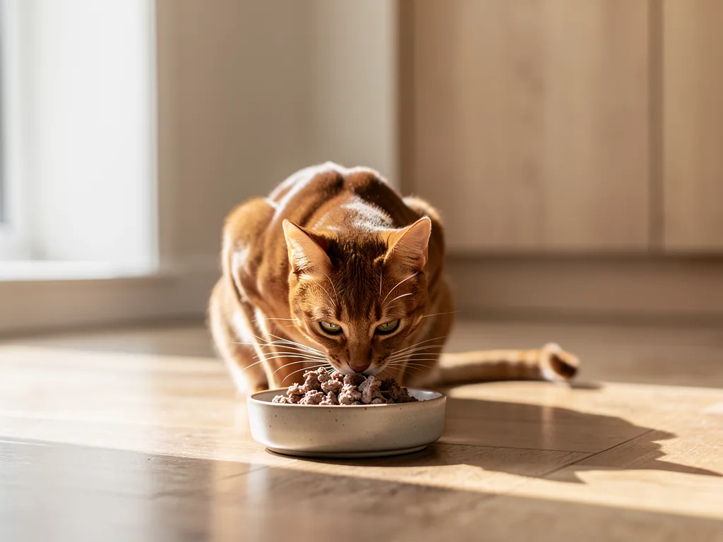 Katzen Futter Funktionen verstehen und gezielt die richtige Ernährung für Ihre Katze wählen Nahaufnahme einer gesunden Katze beim Fressen hochwertiger ausgewogener Nahrung