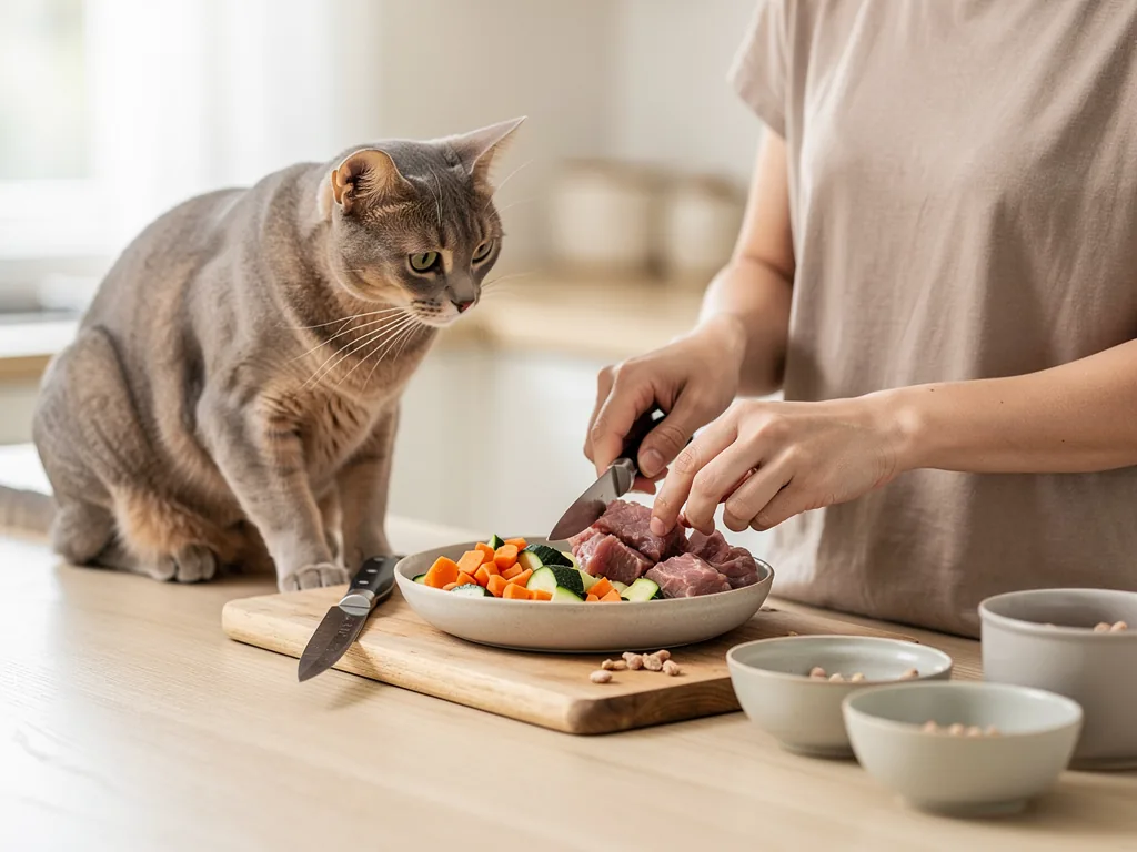 Katzen Futter selbstkochen: Gesunde Rezepte für zufriedene Samtpfoten Frisch zubereitetes Katzenfutter mit Gemüse und Fleisch für gesunde Samtpfoten