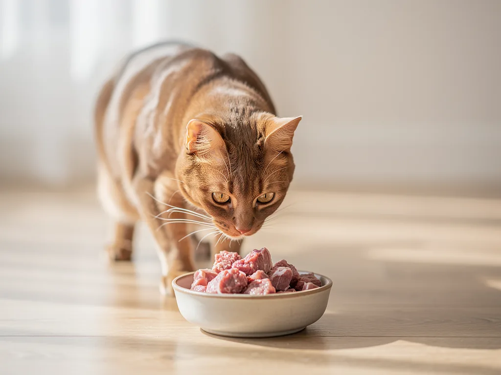 Warum Zucker im Katzen Futter oft überflüssig und schädlich ist Nahaufnahme einer Katze, die gesundes, zuckerfreies Katzenfutter frisst