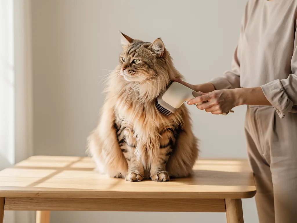 Umfassende Katzenpflege: Wie oft ist sie notwendig? Langhaarkatze wird täglich gebürstet für optimale Katzenpflege und Gesundheit