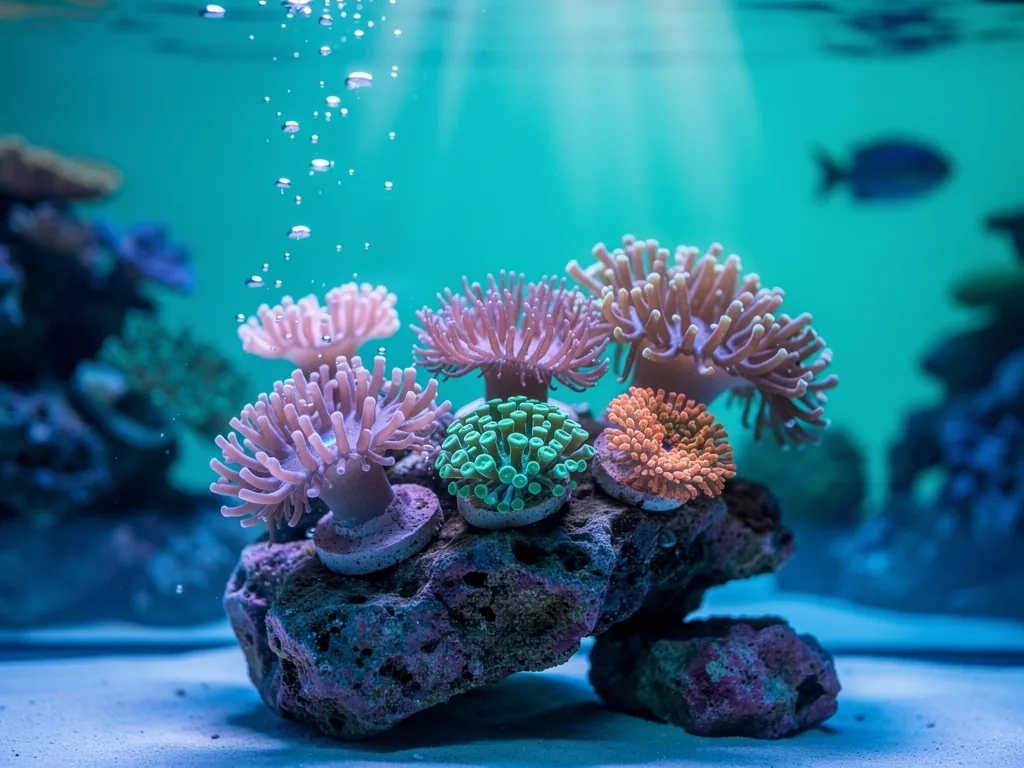 Korallen im Meerwasseraquarium: Grundlagen der Haltung Bunte Korallen im Meerwasseraquarium mit stabilen Wasserparametern und Beleuchtung