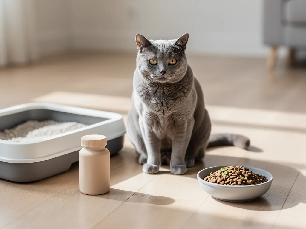Kosten katze monatlich Katze frisst Futter neben Katzenstreu und Spielzeug im Haushalt