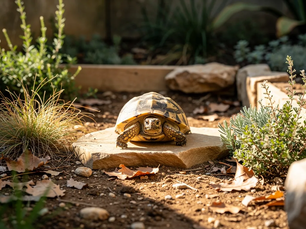 Landschildkrötenhaltung: Grundlagen Landschildkröte auf warmem Sonnenplatz im naturnahen Außenbereich halten