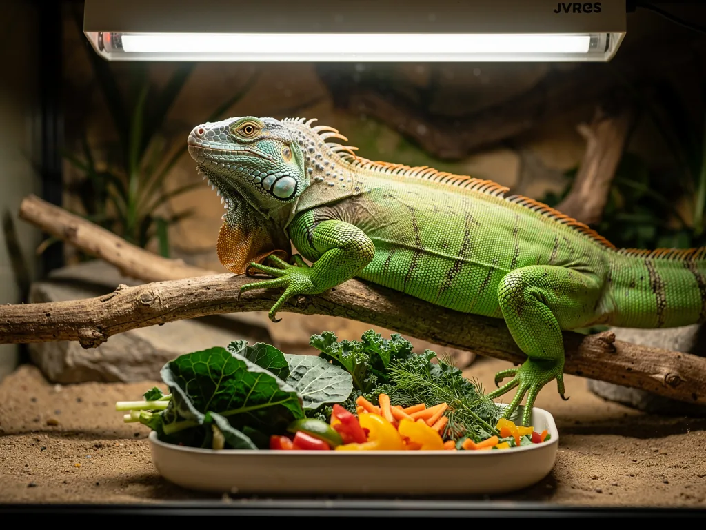 Fütterung von Leguanen: Pflanzenkost und Lichtbedarf Grüner Leguan frisst frische Blätter und steht unter UVB-Licht im Terrarium