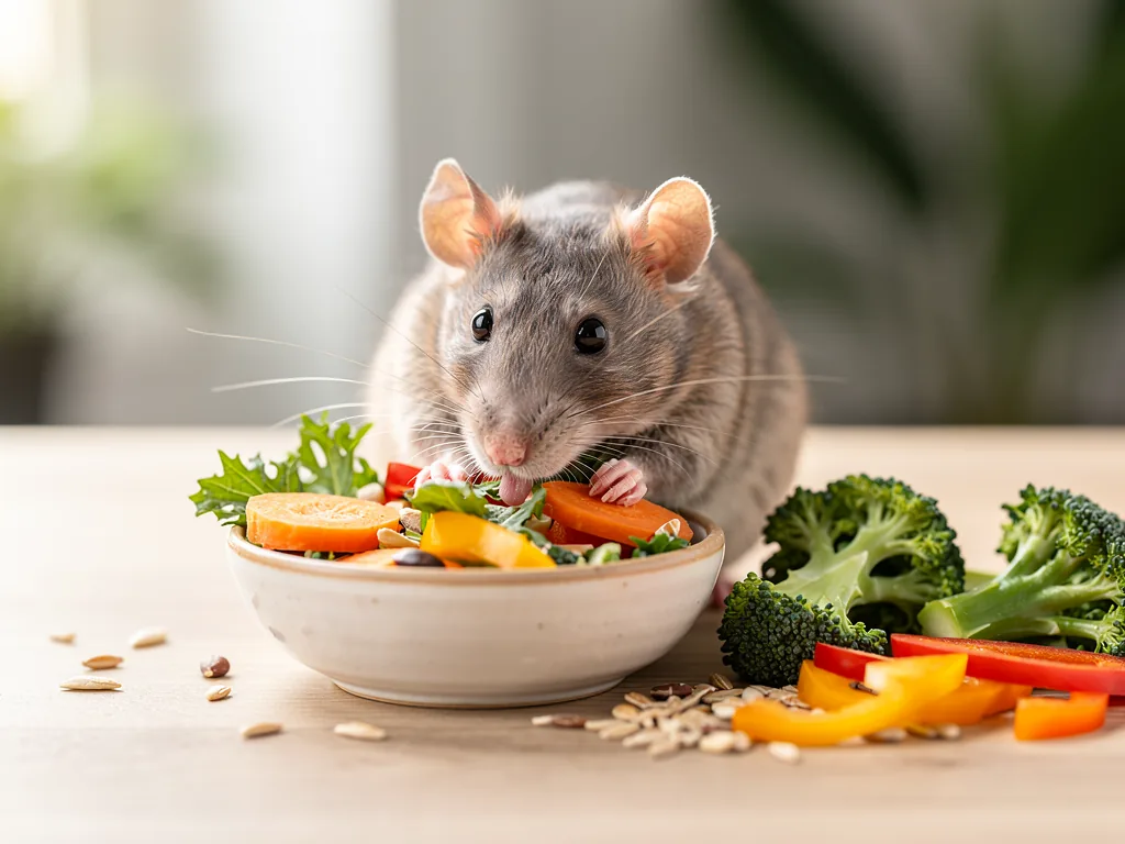 Ratten Ernährung: Ausgewogene Mischung Ausgewogene Ratten Ernährung mit frischem Gemüse Obst und Proteinen