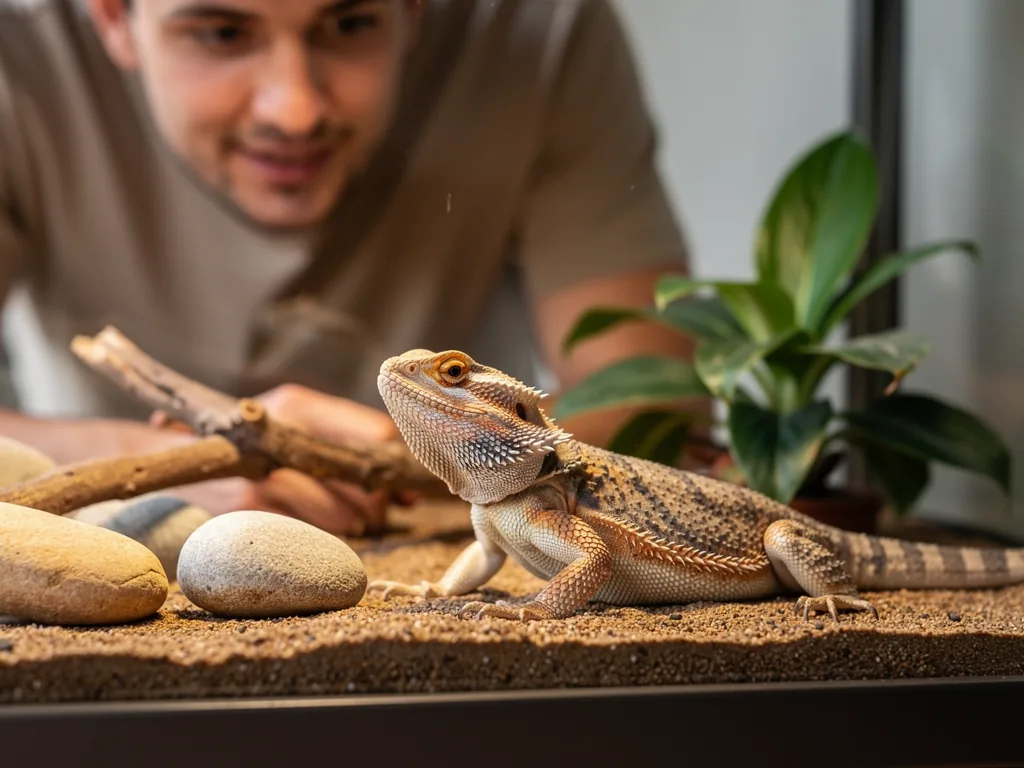 Anfängerreptilien und ihr spezifisches Verhalten Bartagame zeigt typisches Verhalten eines Reptils für Anfänger im Terrarium