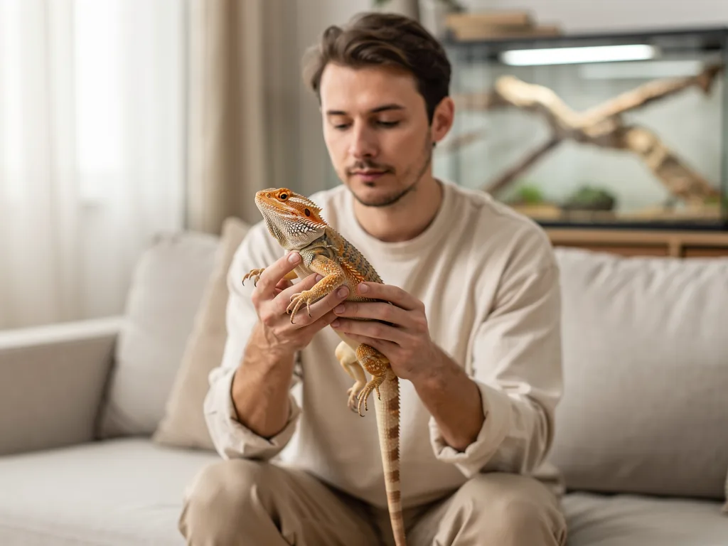 Gesundheitscheck für Terrarientiere: Was beachten? Gesunder Terrarientierpfleger überprüft aufmerksam Reptilien im stilvollen Terrarium