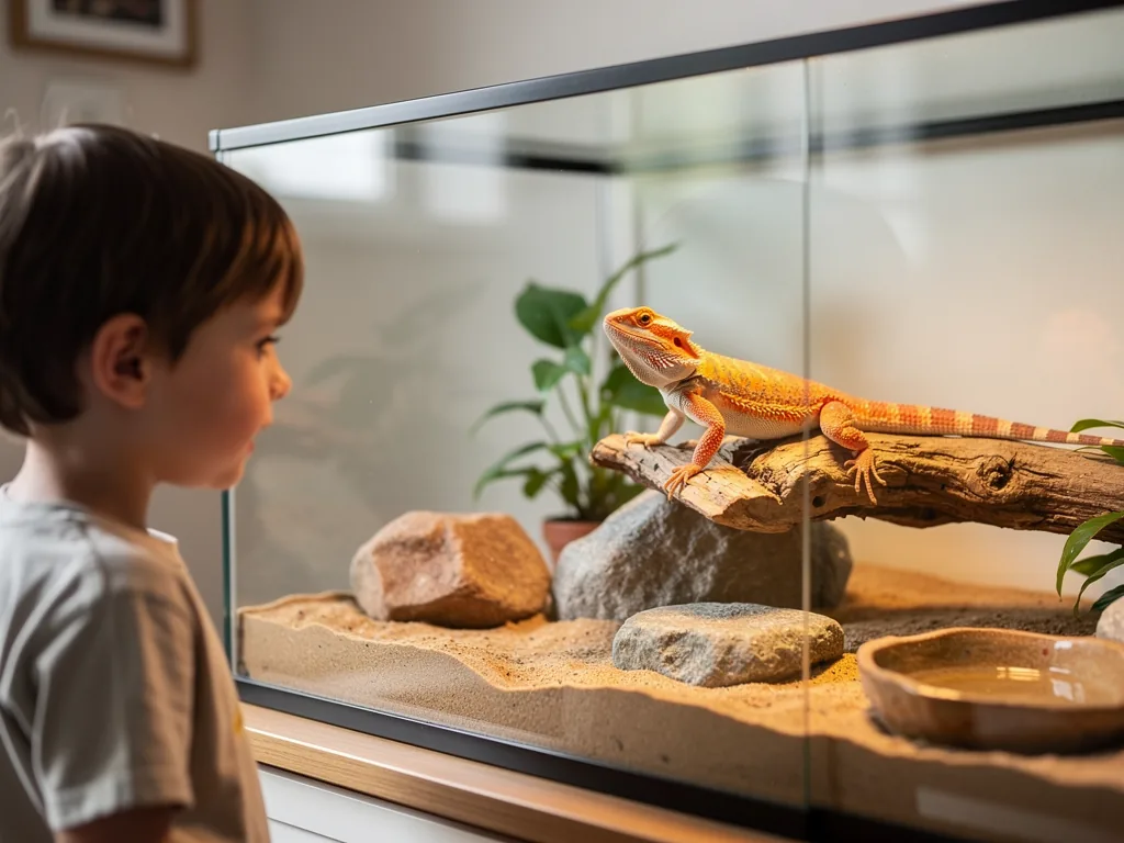 Reptilien für Kinder: Arten und Pflege Kind mit Bartagame im Terrarium bei verantwortungsvoller Reptilienpflege für Kinder