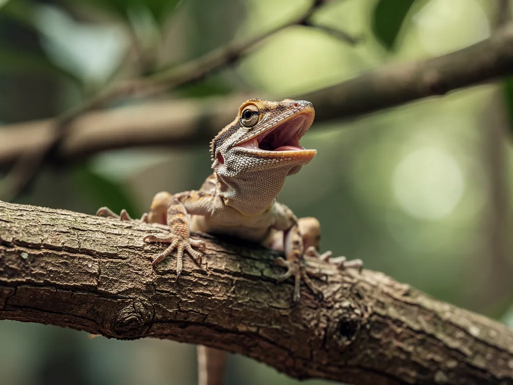 Reptilien Laute: Bedeutung und Interpretation Kronengecko gibt typischen Laut im Terrarium zur Kommunikation und Warnung