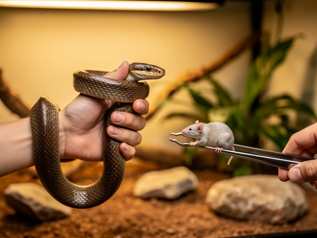 Schlangen richtig füttern: Beutetiere und Fütterungsintervalle Schlange frisst passendes Beutetier im Terrarium bei optimalen Fütterungsintervallen