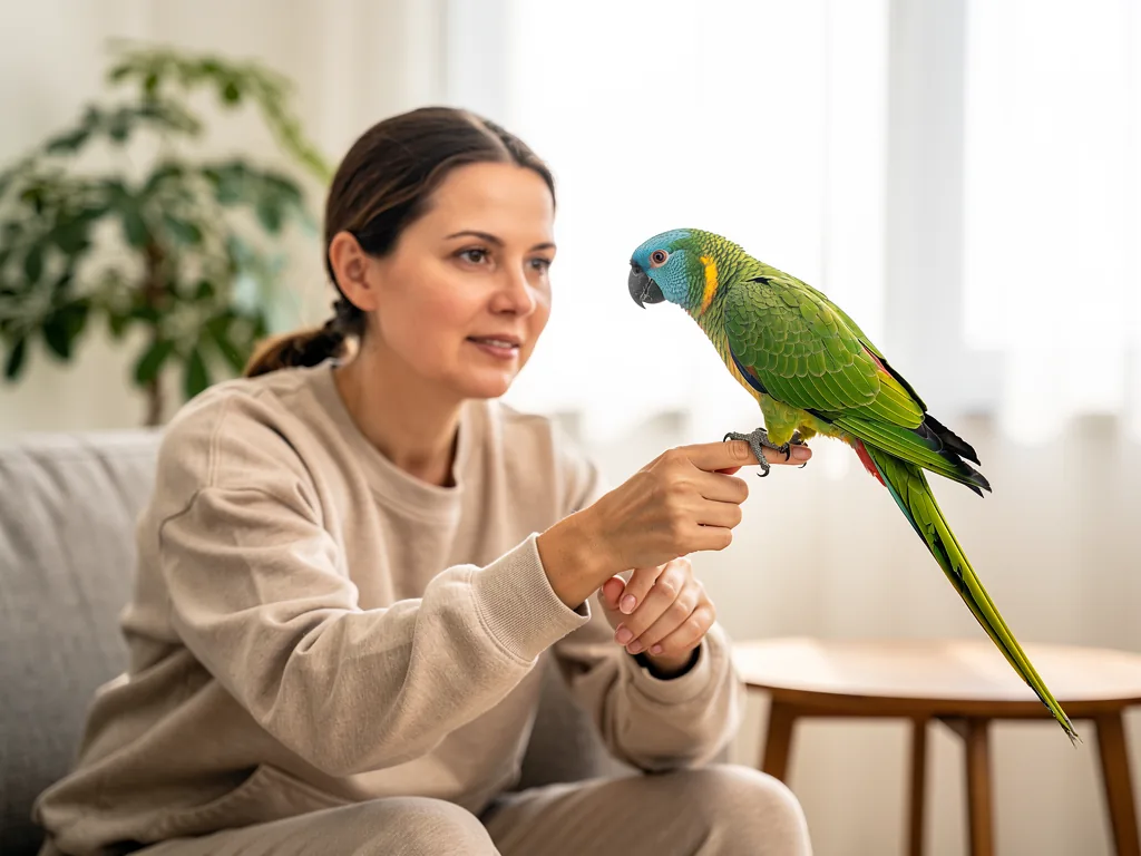 Sittich- und Papageientraining Sittich und Papagei im Training mit Halter zur Vertrauensbildung und Gehorsam