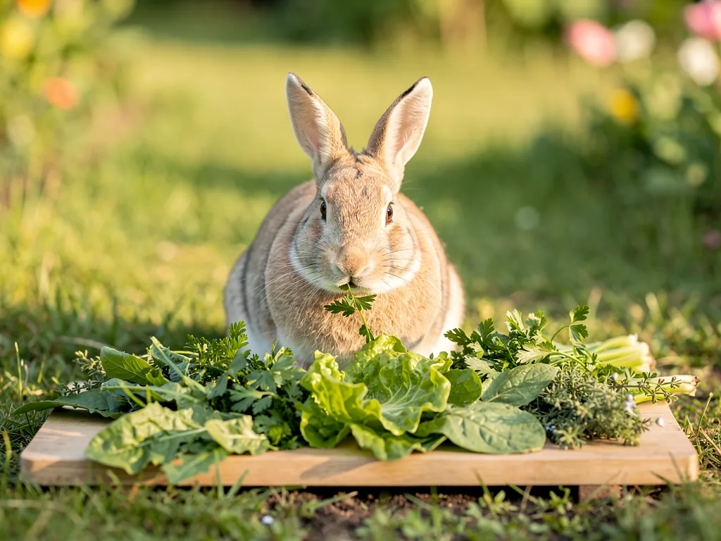 Sommerfütterung Kaninchen: Frische Vielfalt Kaninchen essen frisches Sommergemüse und Kräuter für gesunde Ernährung