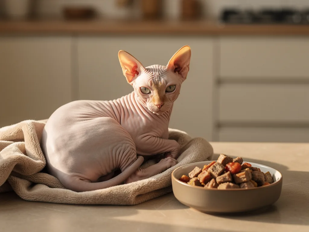 Futter für Sphynx Katzen: Spezielle Bedürfnisse der Rasse Sphynx Katze frisst hochwertiges Nassfutter für spezielle Ernährungsbedürfnisse