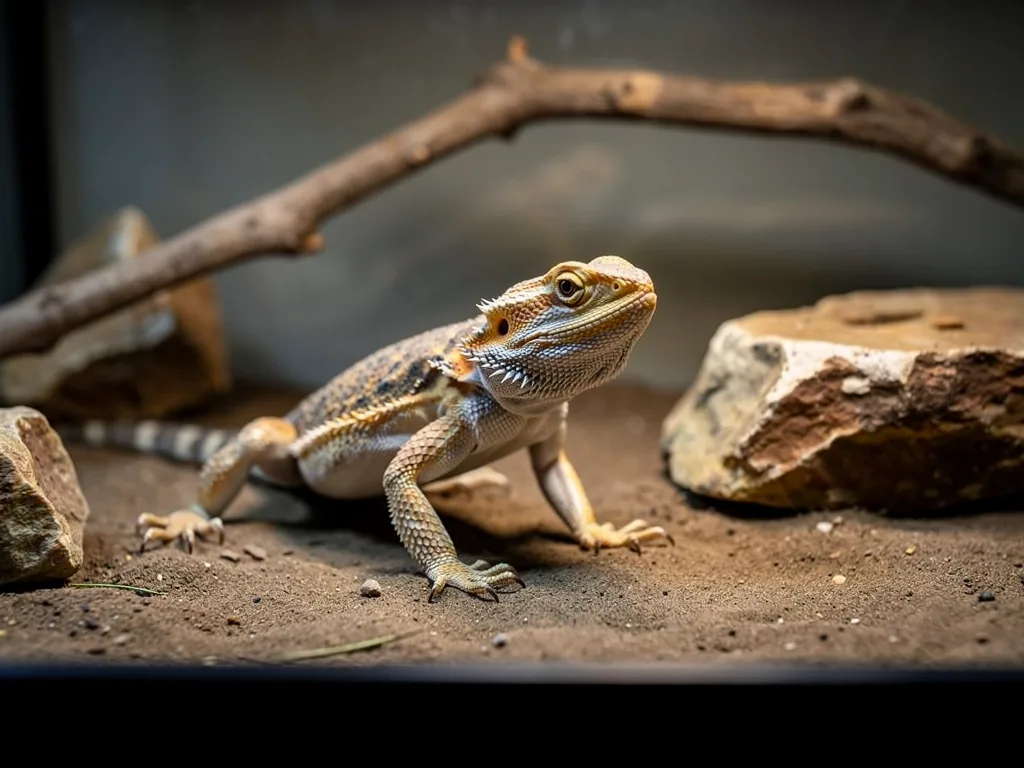 Stress bei Reptilien: Ursachen, Anzeichen und Prävention Gestresste Bartagame im Terrarium zeigt typisches Fluchtverhalten und Unruhe