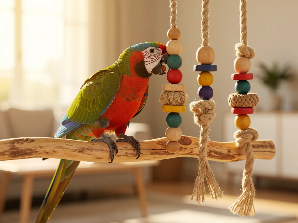 Tagesablauf für Vögel: Routine und Beschäftigung Vogel in Käfig mit Spielzeug und Futter zur artgerechten Tagesroutine