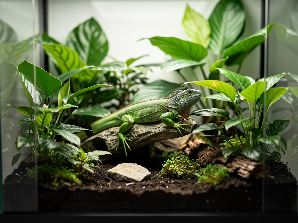 Funktionsweise eines Terrariums: Das Ökosystem verstehen Terrarium mit Reptilien im kontrollierten Ökosystem aus Licht Temperatur und Feuchtigkeit