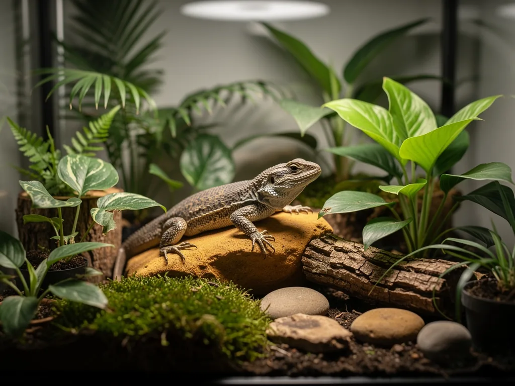 Das Terrarium als Lebensraum: Gestaltungsideen Natürlich gestaltetes Terrarium mit Pflanzen und Verstecken für artgerechte Reptilienhaltung