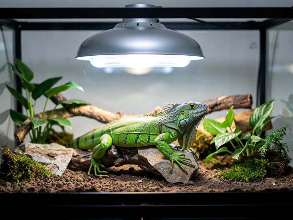 Die Bedeutung von UV-Licht für die Reptiliengesundheit Gesundes Reptil im Terrarium unter spezieller UVB-Lampe zur Knochenbildung