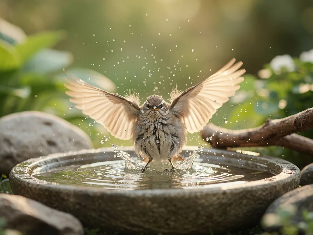 Badeverhalten bei Vögeln: Gefiederpflege und Hygiene Vogel badet im flachen Wasser zur Gefiederpflege und Entfernung von Parasiten
