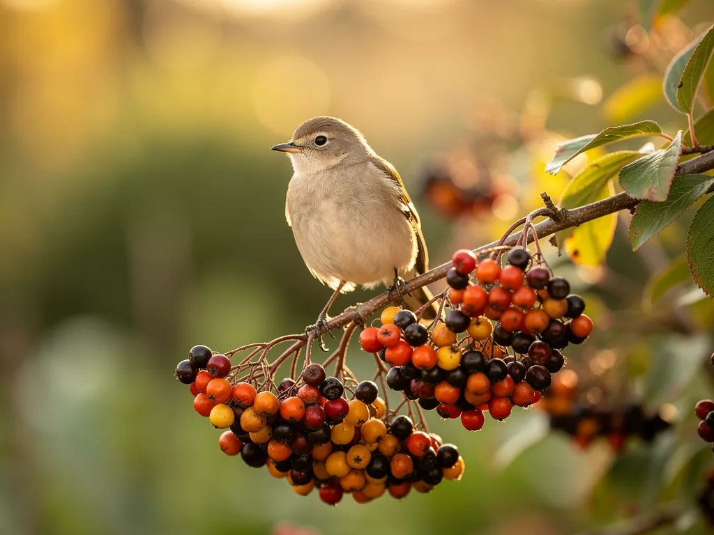 Mit vielfältiger Herbsternährung Vögel optimal auf kalte Monate vorbereiten Vogel am Futterplatz mit vielseitigen Herbstsamen und Beeren für Wintervorbereitung