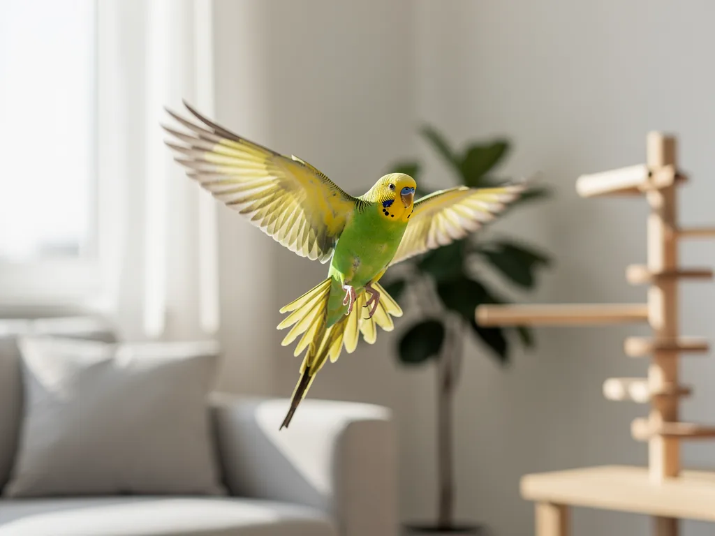 Täglicher Freiflug Bedeutung Vogel im Flug in Wohnung zeigt Bedeutung von täglichem Freiflug für Gesundheit
