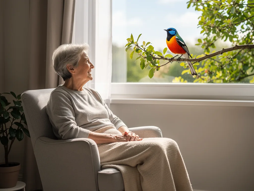 Vögel in der Pflege: Birdwatching-Projekte verbessern Gesundheit Pflegebedürftige beobachten Vögel im Garten zur Förderung von Gesundheit und Wohlbefinden