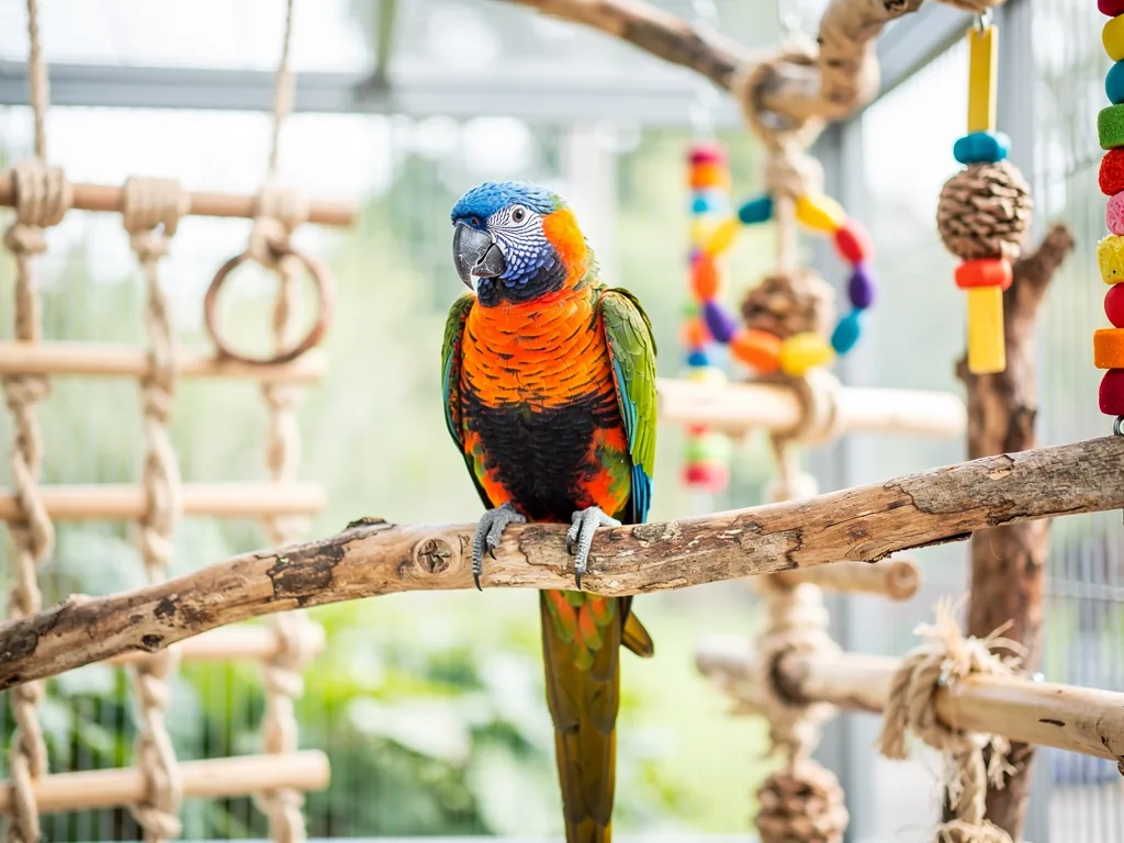 Vogelumgebung Anregung schaffen Vogel in naturnaher Umgebung mit vielfältigen Spiel- und Kletterelementen zur Anregung