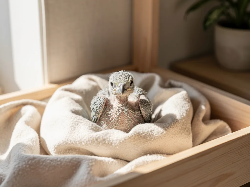 Vogelhaltung ohne Nest Jungvogel ohne Nest in handgemachtem Nestersatz mit Wärmequelle