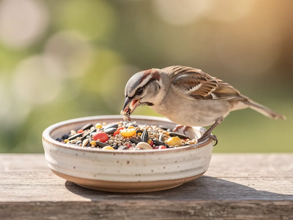 Futter und Näpfe für Vögel Verschiedene Vogelfuttersorten mit robusten Futternäpfen für gesunde Gartenvögel