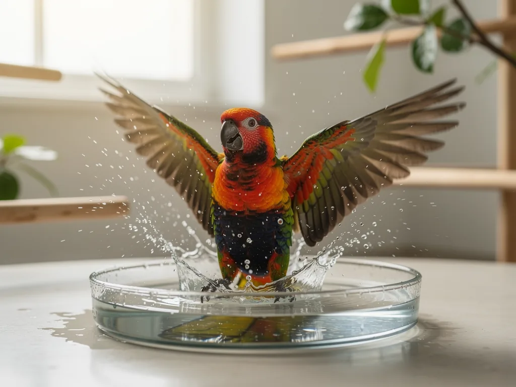 Haltungsgrundlagen: Bäder sind wichtig für die Vogelgesundheit Vogel beim Baden in sauberem Wasser zur Unterstützung von Gefiederpflege und Gesundheit