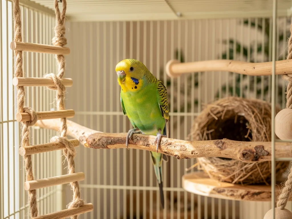 Vogelkäfige Volieren: Einrichtung Naturnahe Voliere mit Ästen, Sitzstangen und Spielzeug für artgerechte Vogelhaltung