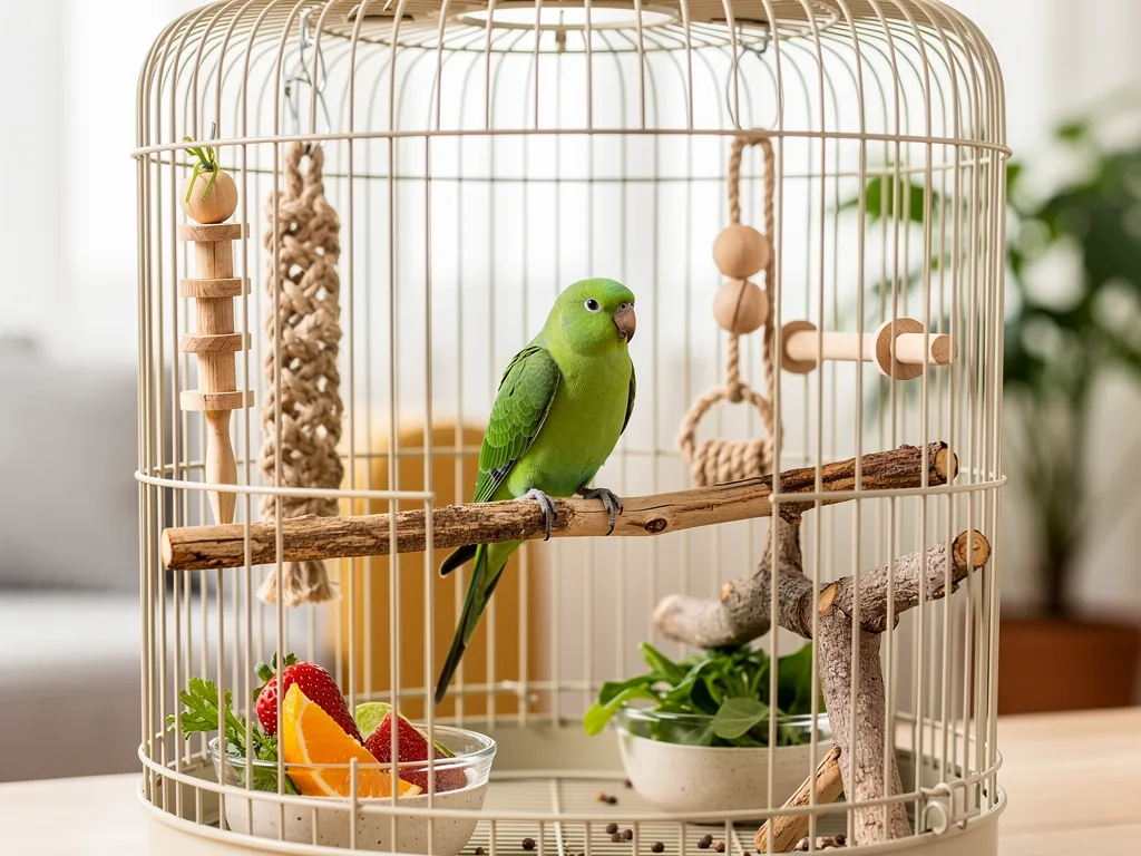 Spezielle Ziervogelhaltung Wellensittich in artgerechtem Käfig mit Spielzeug und frischer Versorgung